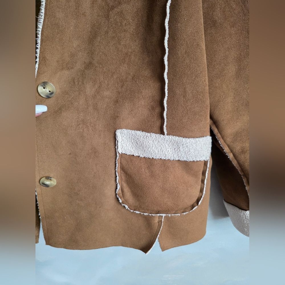 J Jill Jacket Faux Suede Shearling Button Jacket Parka Lightweight Sz XL Brown - Picture 10 of 12